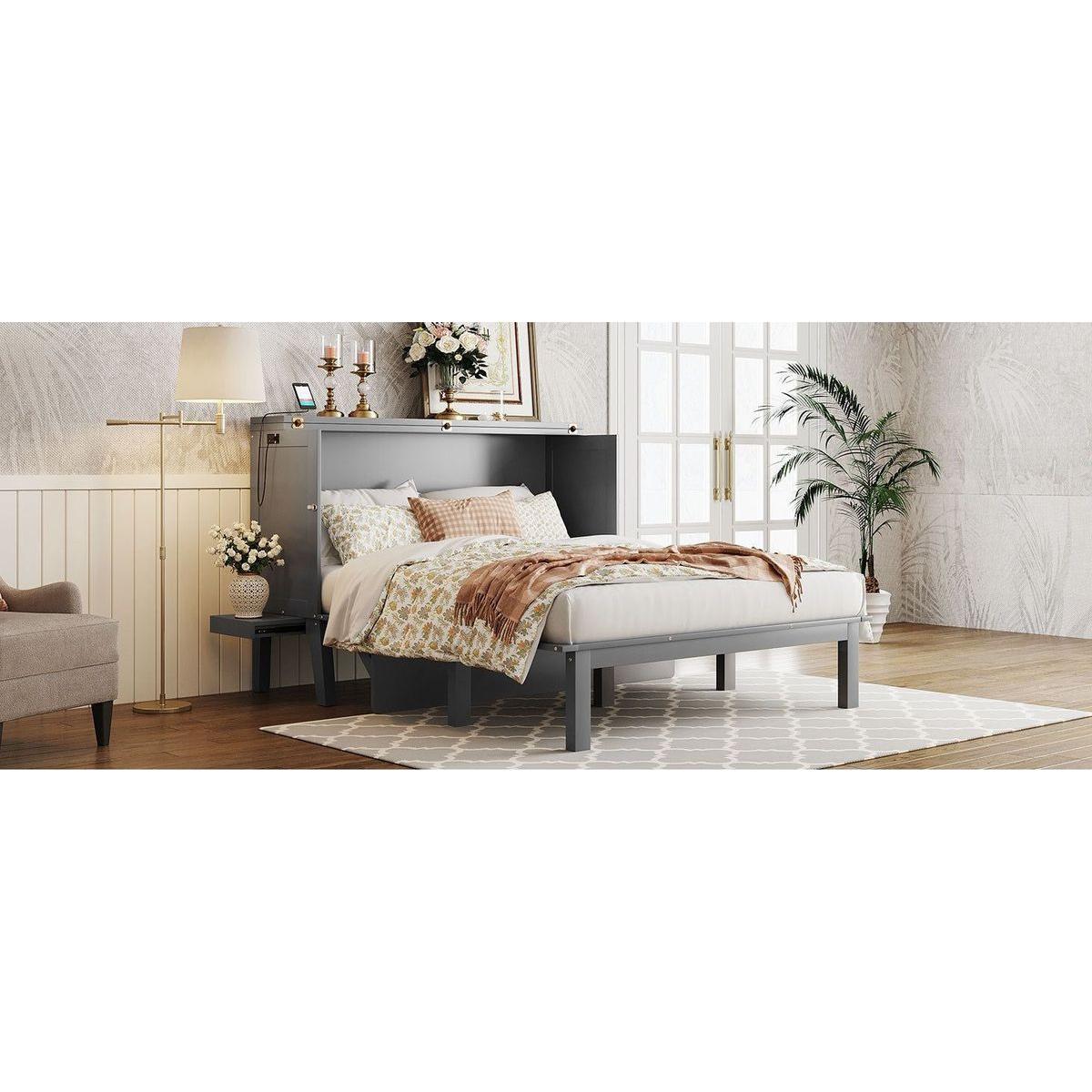 Queen Size Murphy Bed with USB Port and removable Shelves on Each Side,Gray