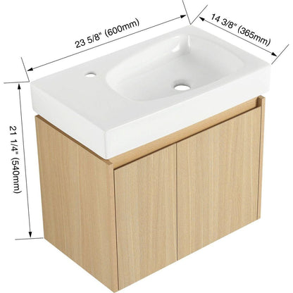 24 Inch Bathroom Vanity with Basin, Wall Mounted Floating Vanity Sink Combo, Wooden Storage Cabinet with Double Doors for Bathroom,Oak