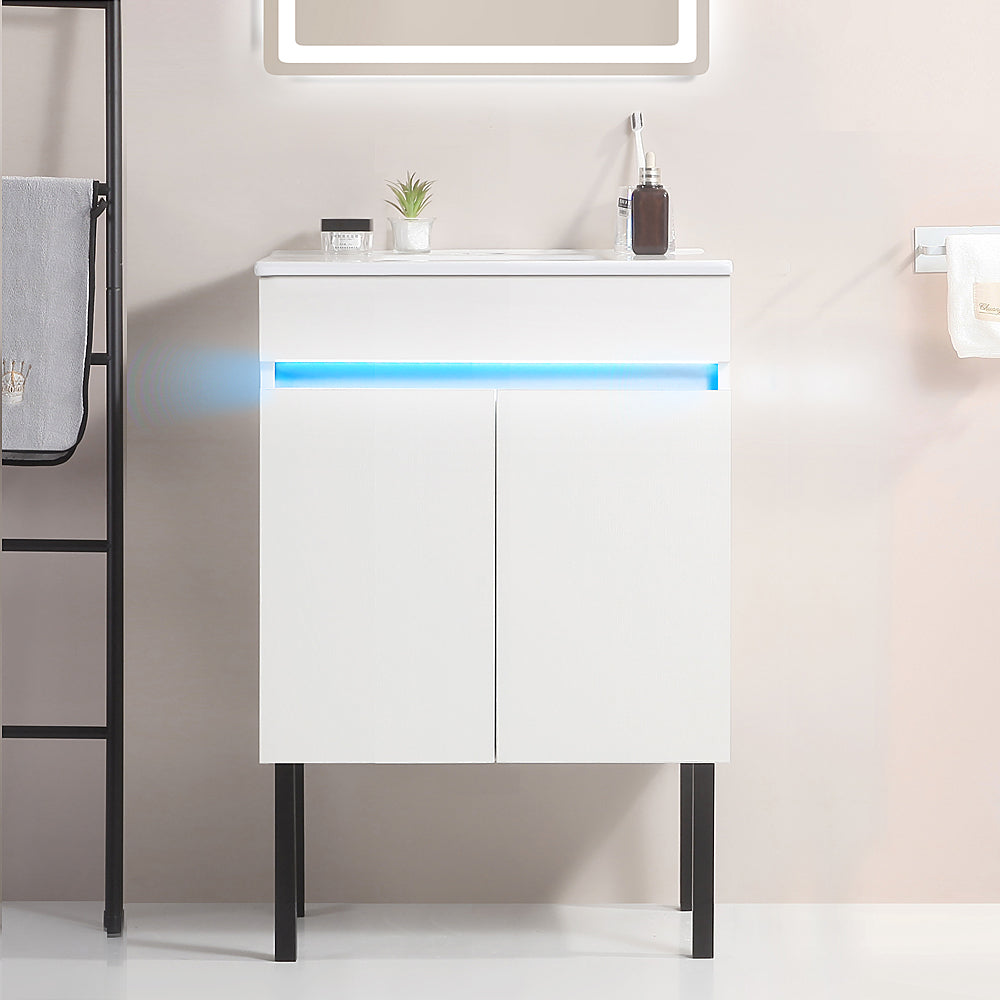 24" Bathroom Vanity with Sink, Radar Sensing Light, Large Storage Space and Metal legs, Wall Mounted/Standing Bathroom Vanity Sink,White