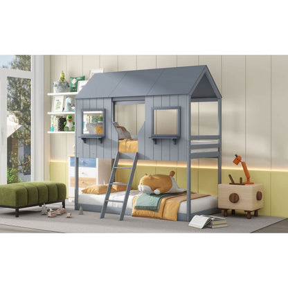 Twin Over Twin Bunk Bed Wood Bed with Roof, Window, Guardrail, Ladder (Gray)