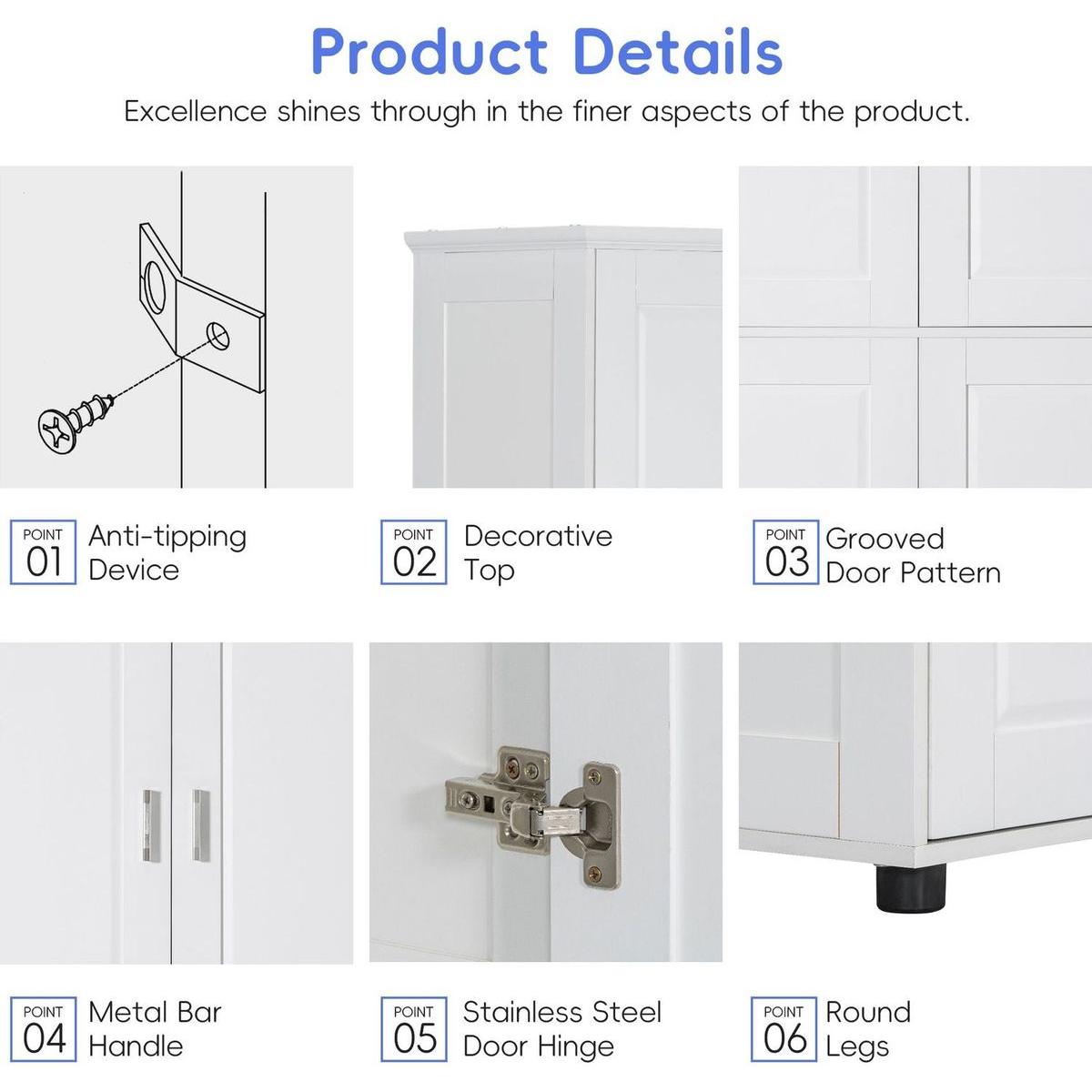 Tall and Wide Bathroom Floor Storage Cabinet, Bathroom Storage Unit, Freestanding Cabinet with 4 Doors, Adjustable Shelves, White