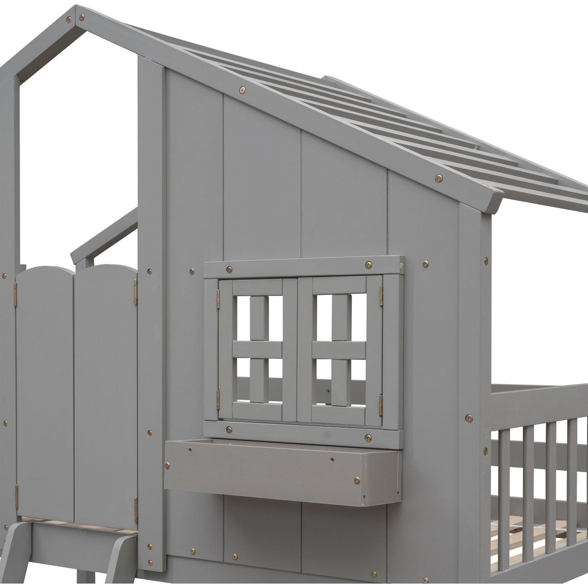 Twin over Twin House Bunk Bed with Roof, Window, Window Box, Door, with Safety Guardrails and Ladder, Grey