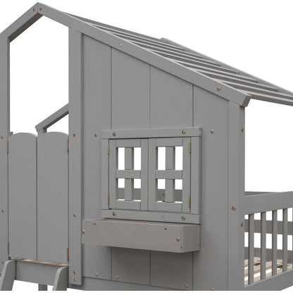 Twin over Twin House Bunk Bed with Roof, Window, Window Box, Door, with Safety Guardrails and Ladder, Grey