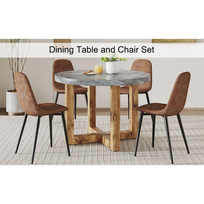 A modern and practical circular dining table. Made of MDF tabletop and wooden MDF table legs. A set of 4 brown cushioned chairs.