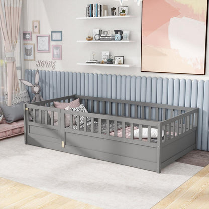 Twin Size Floor bed, integral construction with super high security barrier, door, children's floor bed frame, Montessori wooden children's floor bed, Grey
