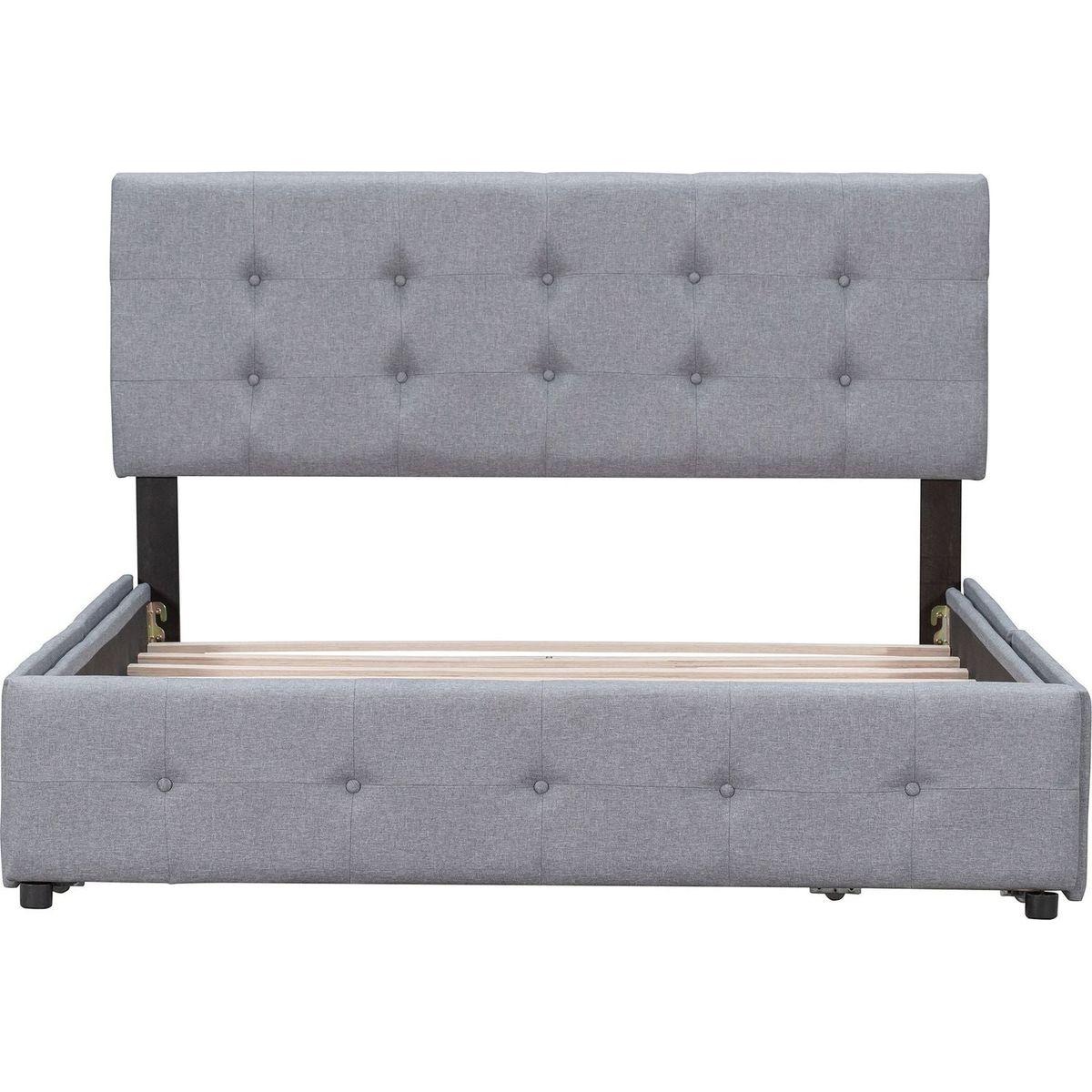 Upholstered Platform Bed with Classic Headboard and 4 Drawers, No Box Spring Needed, Linen Fabric, Queen Size Light Gray