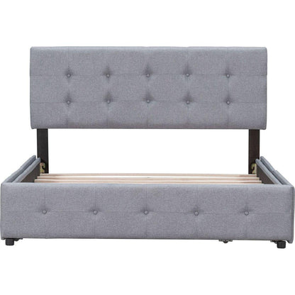 Upholstered Platform Bed with Classic Headboard and 4 Drawers, No Box Spring Needed, Linen Fabric, Queen Size Light Gray