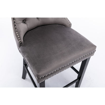 Contemporary Velvet Upholstered Barstools with Button Tufted Decoration and Wooden Legs, and Chrome Nailhead Trim, Leisure Style Bar Chairs,Bar stools, Set of 2 (Gray)