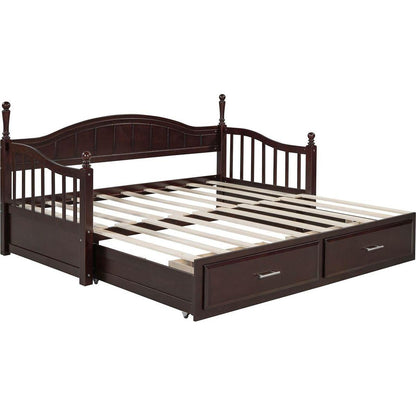 Wooden Twin Size Daybed with Twin Size Trundle, Extendable Daybed with Two Storage Drawers, Espresso
