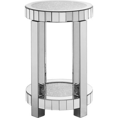 Mirror round table with crystal inlay, 2-layer modern small sofa table with storage space, silver decorative table suitable for living room, bedroom, coffee and small spaces