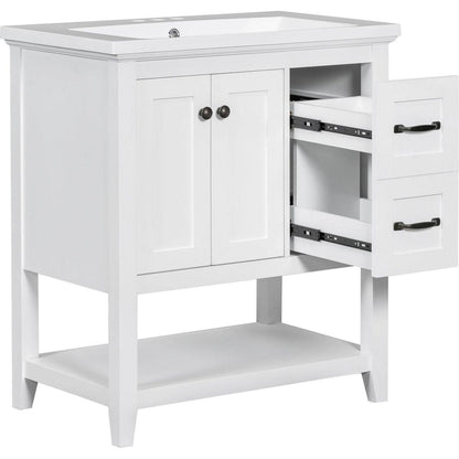 30" Bathroom Vanity with Ceramic Sink Top, Vanity Cabinet with Multi-Functional Drawer, Solid Wood Legs, White