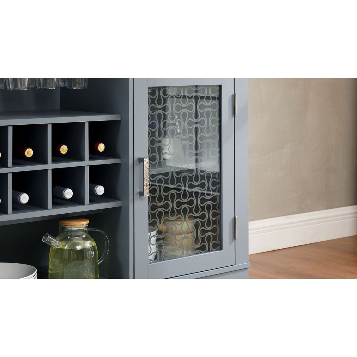 Modern Farmhouse Buffet Cabinet, Sideboard with 2 Drawers and Elegant Glass Door Cabinets, Wine and Glass Rack, Coffee Bar for Kitchen, Dining Room, Light Blue and Light Oak, 56.46"Wx15.55"Dx35.74"H