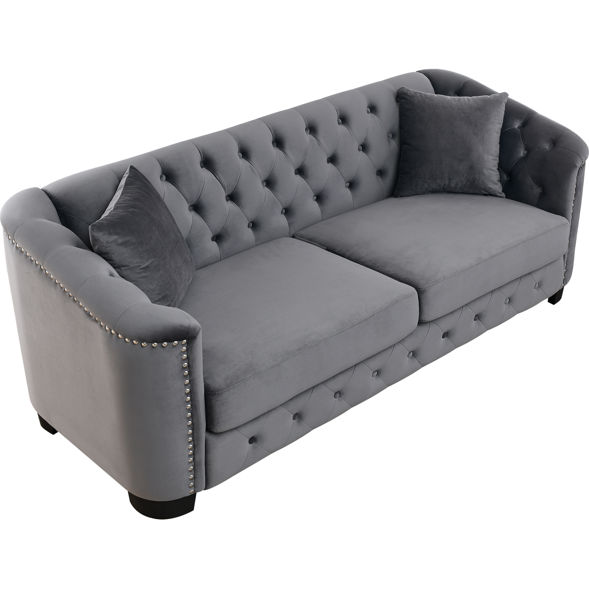 77-Inch Modern Chesterfield Velvet Sofa, 3-Seater Sofa, Upholstered Tufted Backrests with Nailhead Arms and 2 Cushions for Living Room, Bedroom, Apartment, Office (Grey)