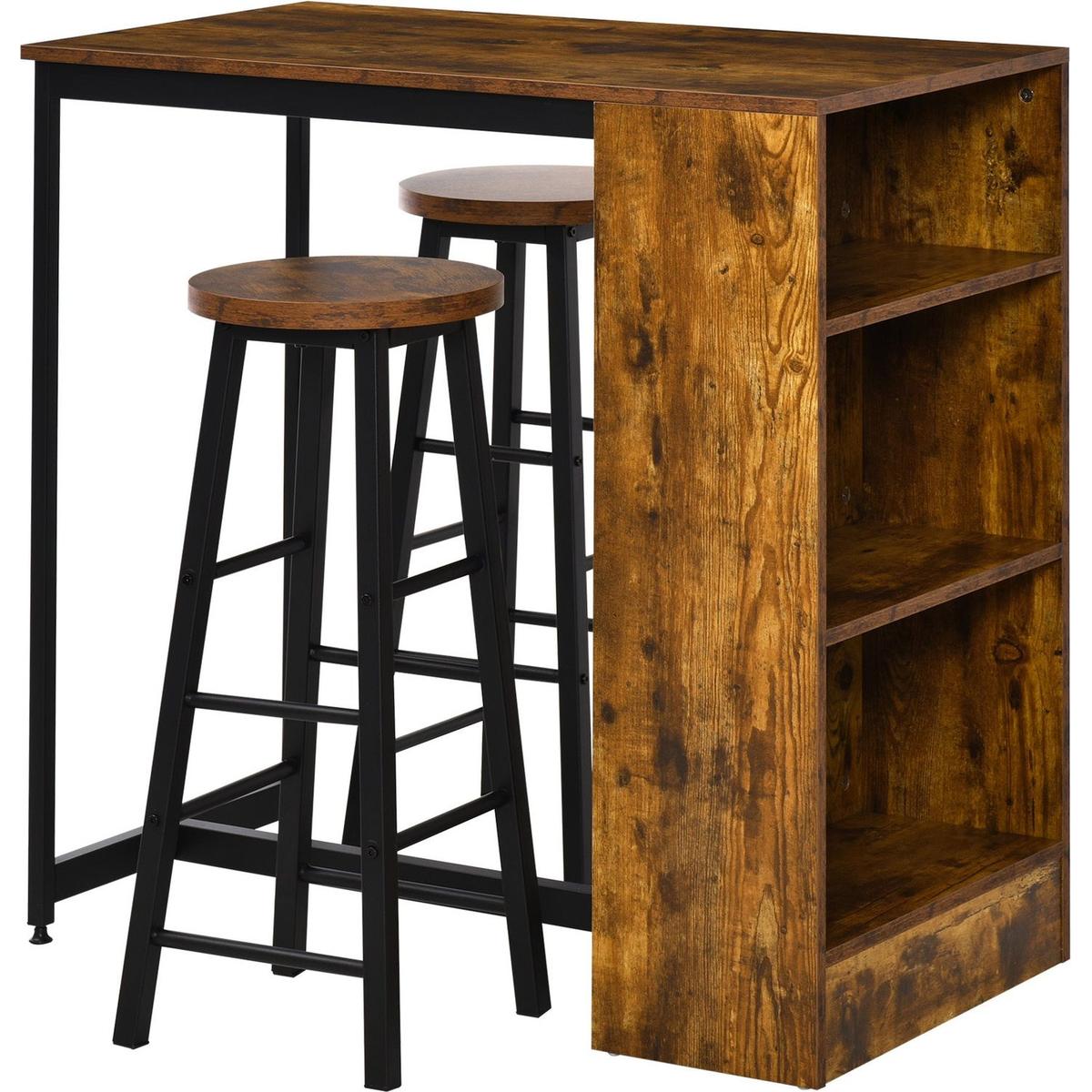 3 Piece Industrial Pub Table and Chairs, Counter Height Bar Table and Stools Set with Storage Shelf, Rustic Brown