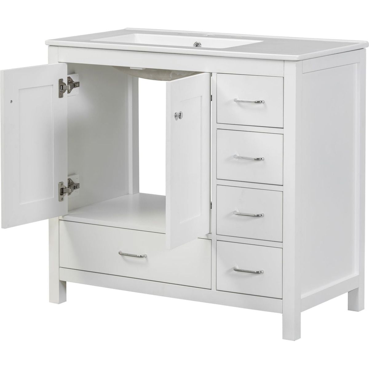 36" White Bathroom Vanity with Ceramic Sink Combo, Abundant Storage Cabinet -2 Soft-close doors and 5 drawers