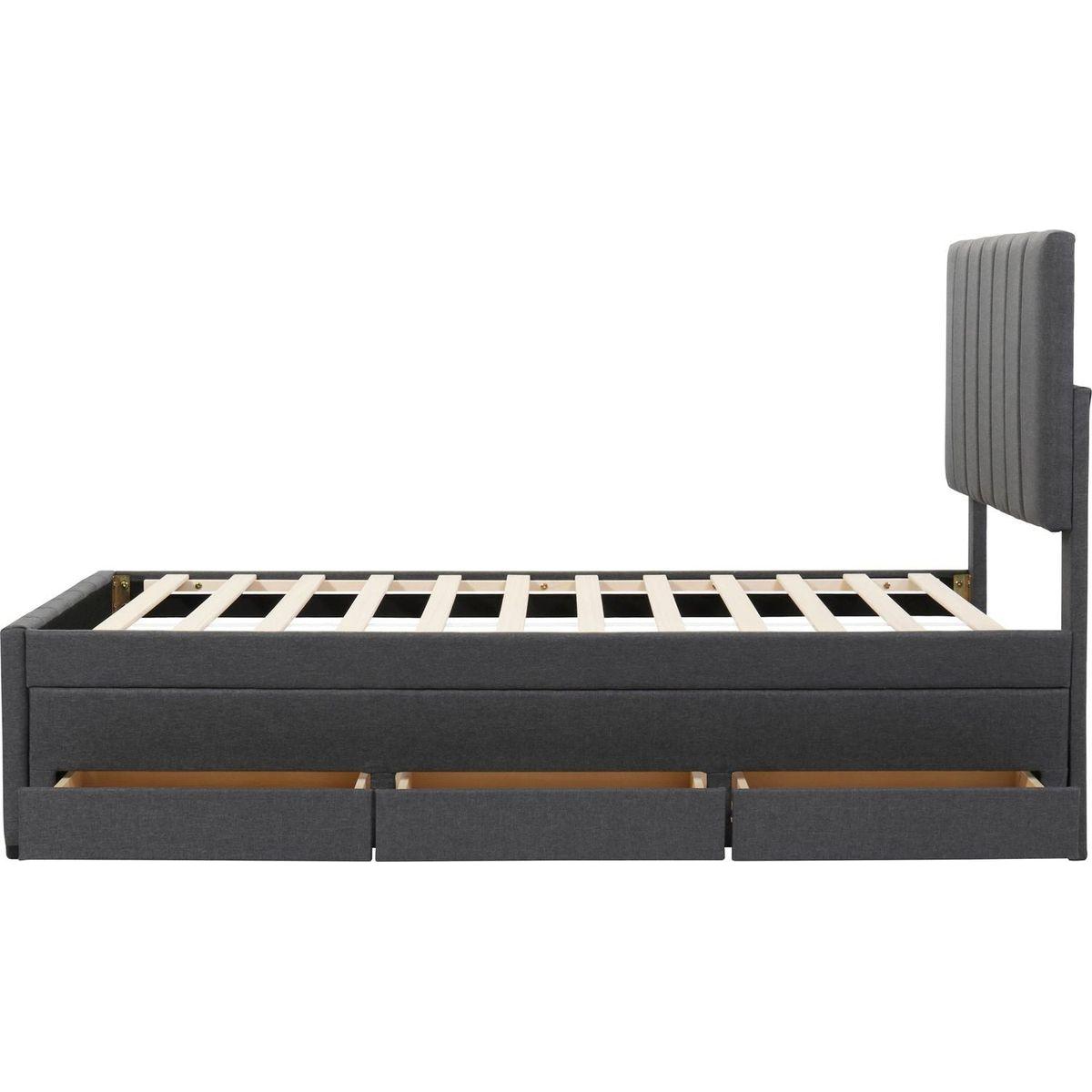 Twin Size Upholstered Platform Bed with Trundle and 3 Drawers, Linen Fabric, Gray