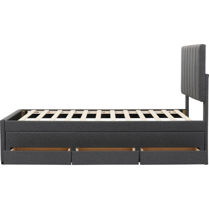 Twin Size Upholstered Platform Bed with Trundle and 3 Drawers, Linen Fabric, Gray