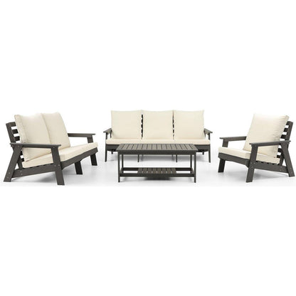 HIPS Loveseat with Cushion, Wood Grain Outdoor Garden Sofa, Sofa Set for Porch, Poolside, Terrace, and Yard Grey/Beige