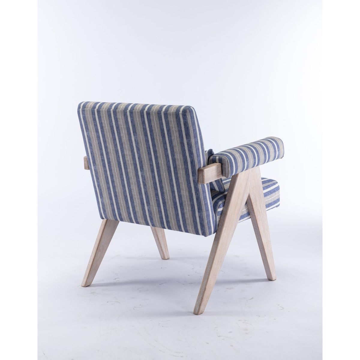 Accent chair, KD rubber wood legs with black finish. Fabric cover the seat. With a cushion.Blue Stripe