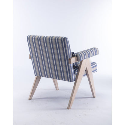 Accent chair, KD rubber wood legs with black finish. Fabric cover the seat. With a cushion.Blue Stripe