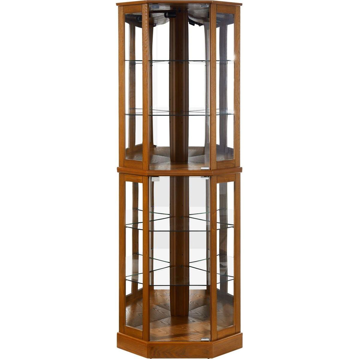 6 Shelf Corner Curio Display Cabinet with Lights, Mirrors and Adjustable Shelves, Oak