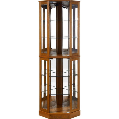 6 Shelf Corner Curio Display Cabinet with Lights, Mirrors and Adjustable Shelves, Oak