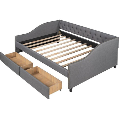 Upholstered daybed with Two Drawers, Wood Slat Support, Gray, Full Size