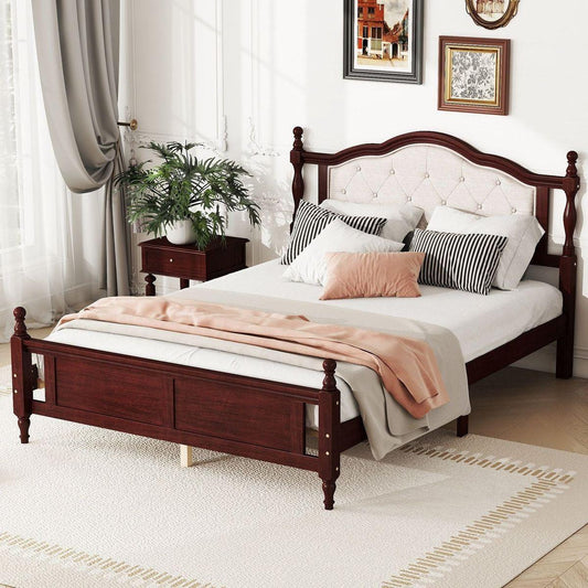 Queen Pine wooden Bed with Upholstered Headboard and Panel Footboard, with Two Bed Rail Support Feet and Central Platform Support Feet, Classic Cherry