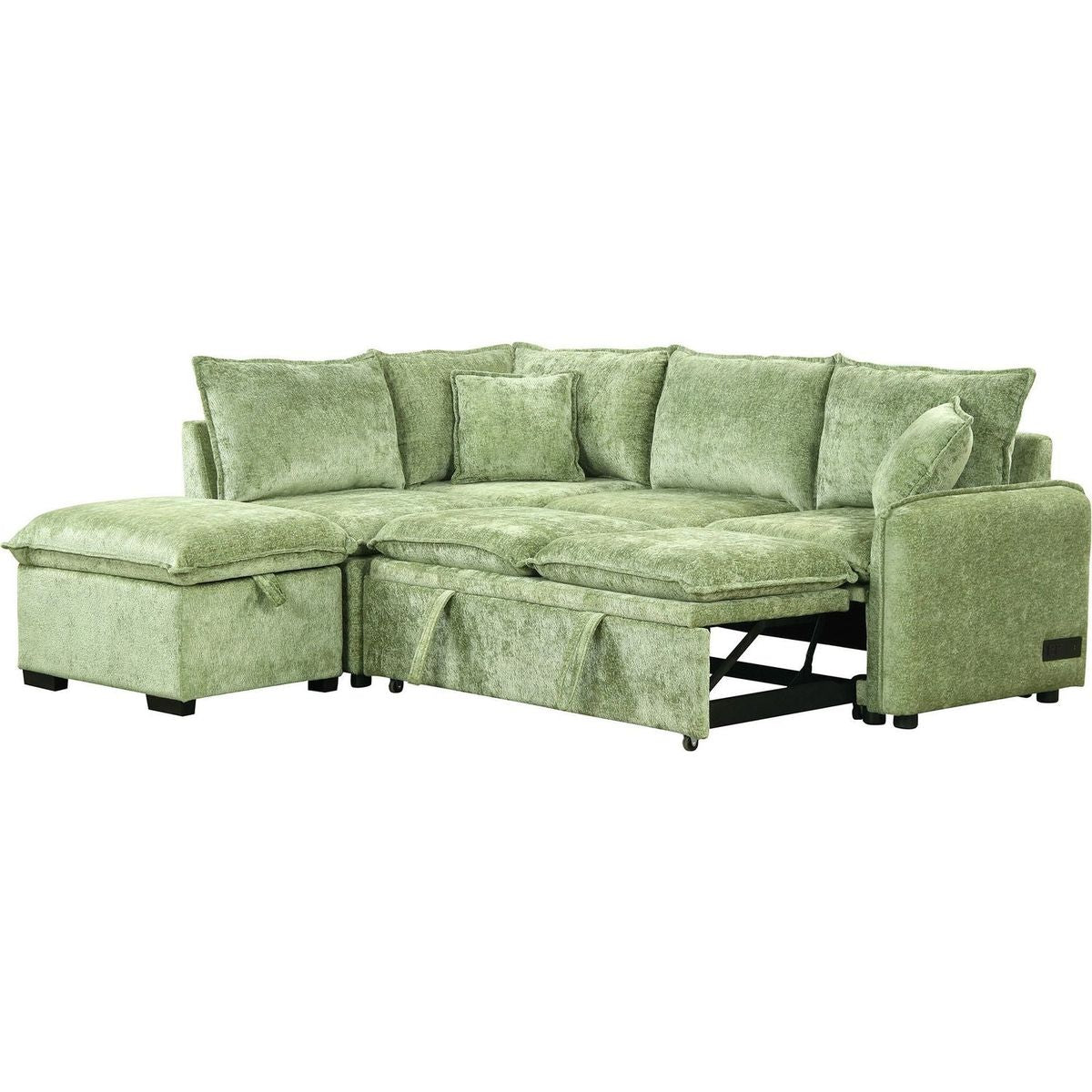 82.67"Convertible Sofa Bed Sectional Sofa Sleeper L-shaped Sofa with a Storage Ottoman,Two Pillows, Two Power Sockets and Two USB Ports for Living Room, Green