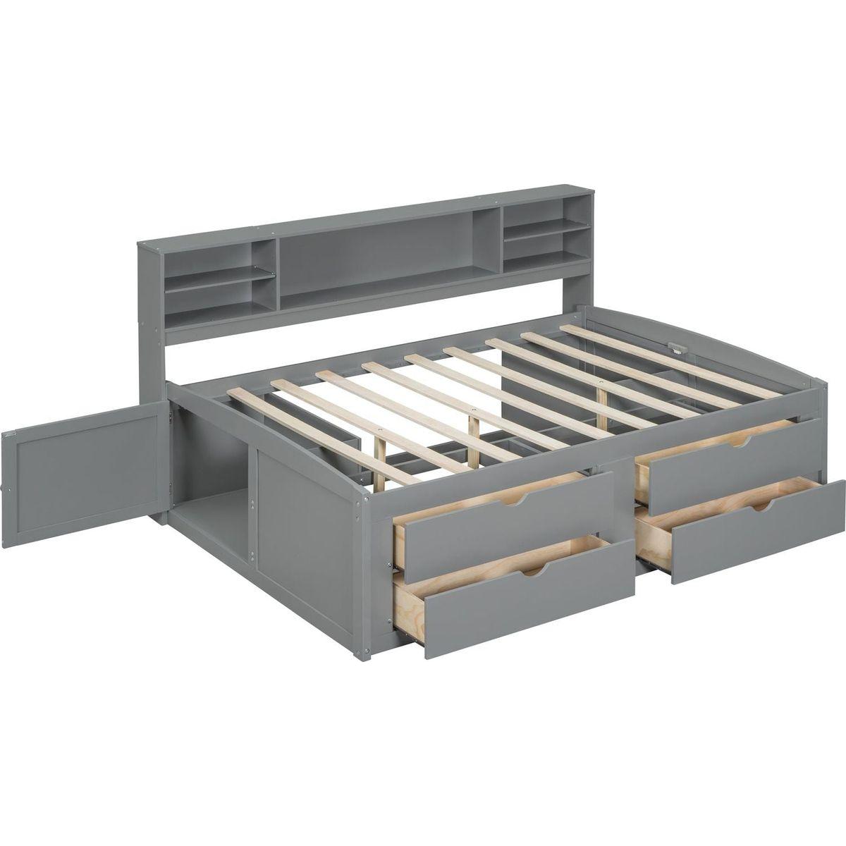 Full Size Wood Daybed with 2 Bedside Cabinets, Upper Shelves and 4 Drawers, Gray