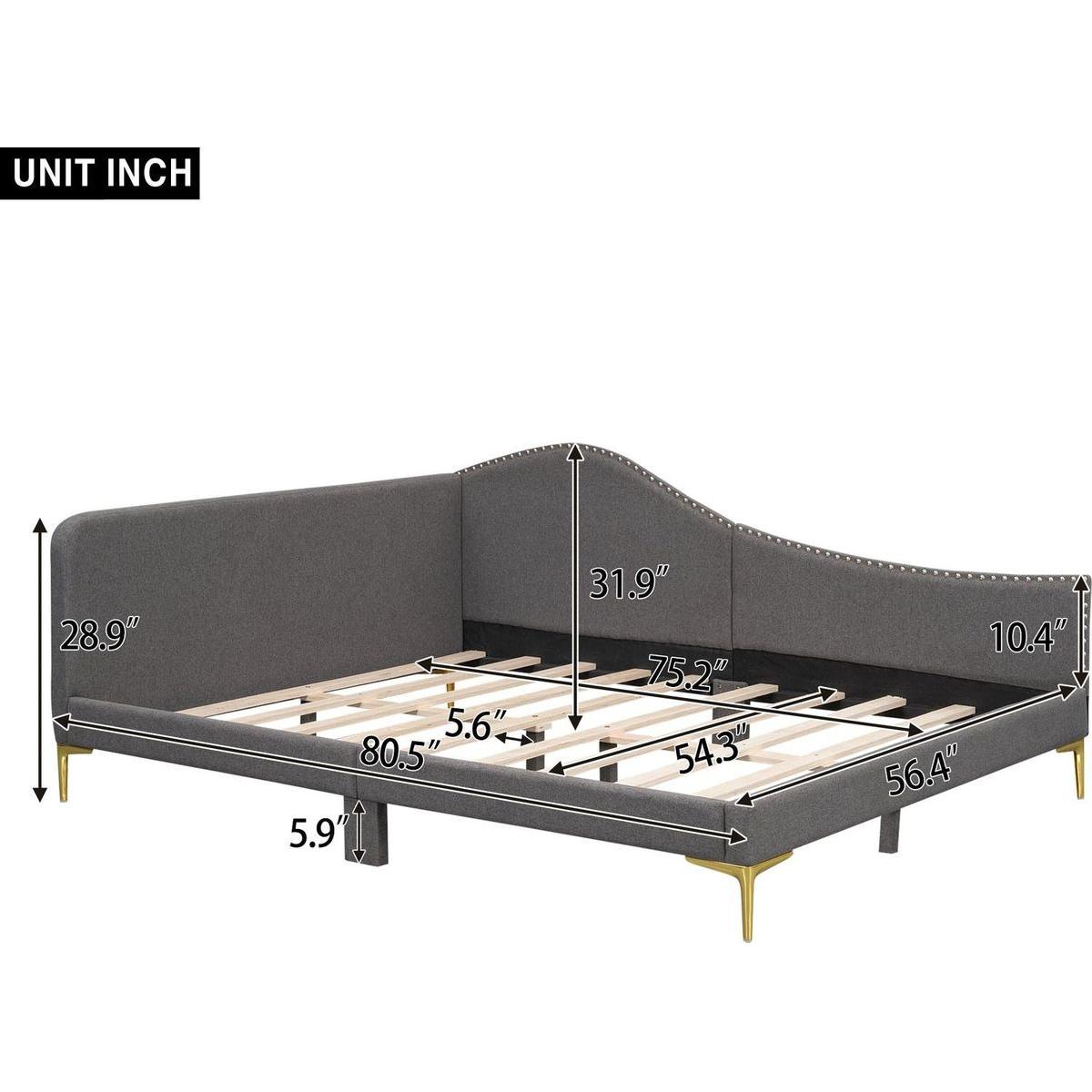 Full Size Upholstered Daybed with Headboard and Armrest, Support Legs, Grey