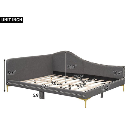 Full Size Upholstered Daybed with Headboard and Armrest, Support Legs, Grey