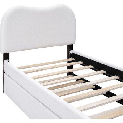 Twin Size Upholstered Platform Bed with Wood Supporting Feet and Twin Size Trundle, White