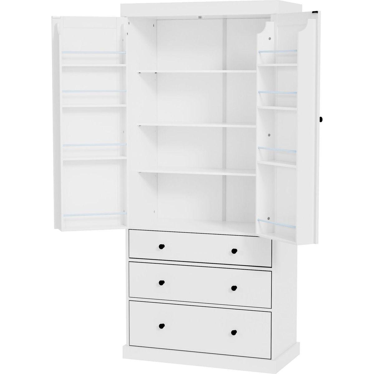 [Assembly Video Provided]77inch Farmhouse Kitchen Pantry, Freestanding Tall Cupboard Storage Cabinet with 3 Adjustable Shelves, 8 Door Shelves, 3 Drawers for Kitchen, Dining Room, White