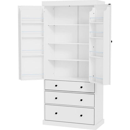 [Assembly Video Provided]77inch Farmhouse Kitchen Pantry, Freestanding Tall Cupboard Storage Cabinet with 3 Adjustable Shelves, 8 Door Shelves, 3 Drawers for Kitchen, Dining Room, White