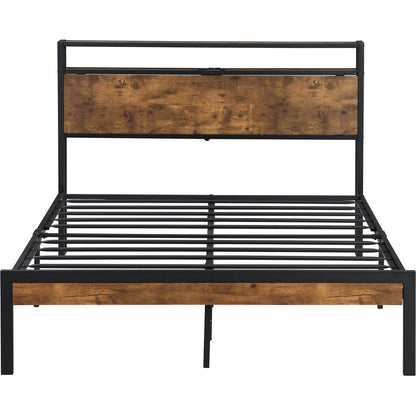 Queen Size Metal Platform Bed Frame with Wooden Headboard and Footboard with USB LINER, No Box Spring Needed, Large Under Bed Storage, Easy Assemble