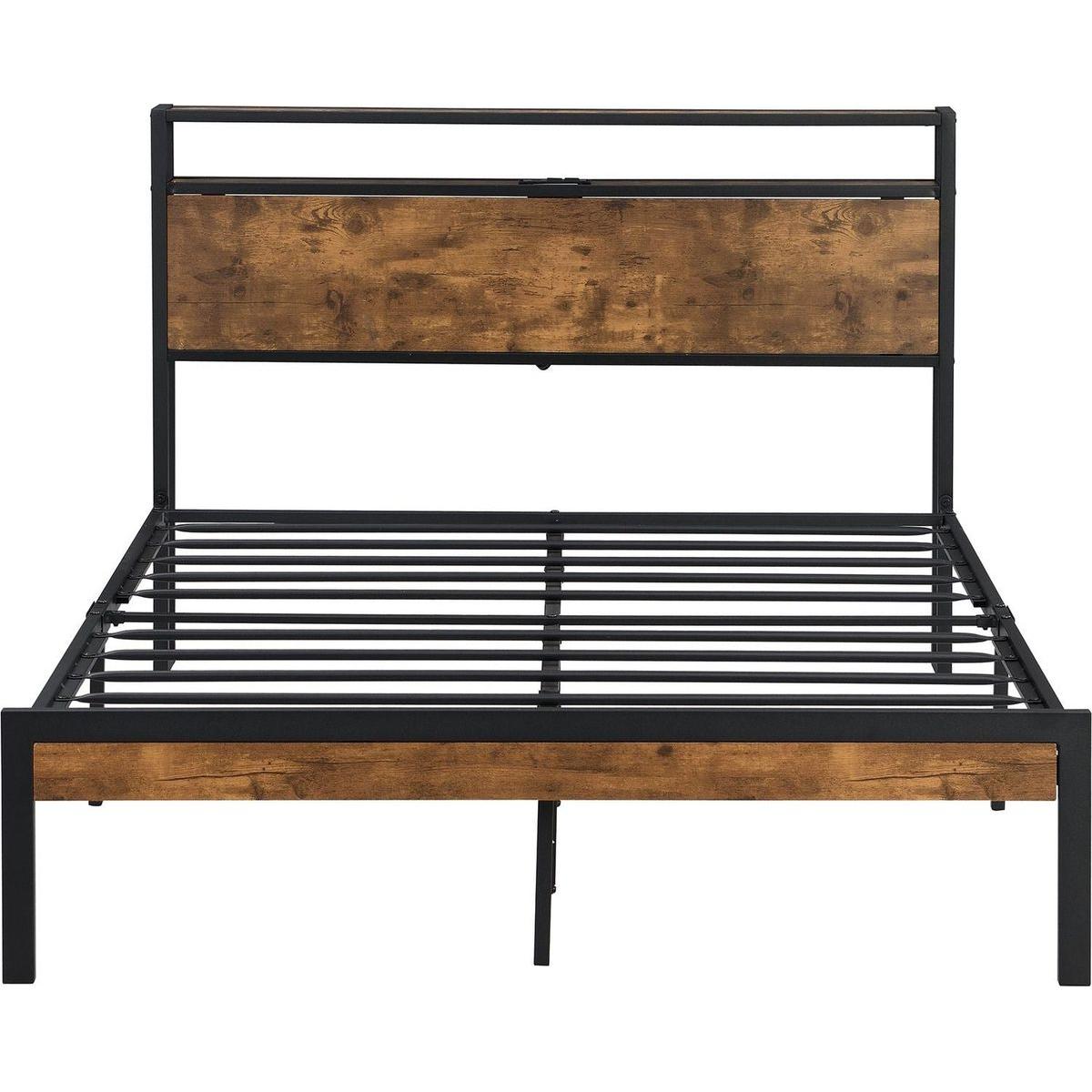 King Size Metal Platform Bed Frame with Wooden Headboard and Footboard with USB LINER, No Box Spring Needed, Large Under Bed Storage, Easy Assemble