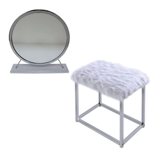 Adao Vanity Mirror & Stool, Faux Fur, Mirror, White & Chrome Finish