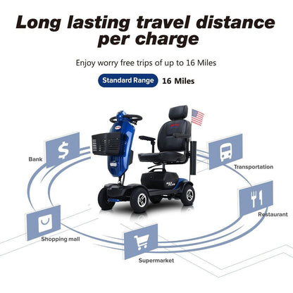 MAX PLUS BLUE 4 Wheels Outdoor Compact Mobility Scooter with 2pcsx20AH Lead acid Battery,Max Driving Range 16 Miles with Cup holders & USB charger port