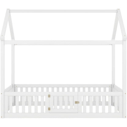 Twin Size Wood House Bed with Fence and Door, White