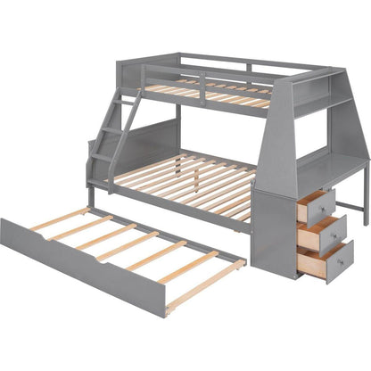 Twin over Full Bunk Bed with Trundle and Built-in Desk, Three Storage Drawers and Shelf,Gray