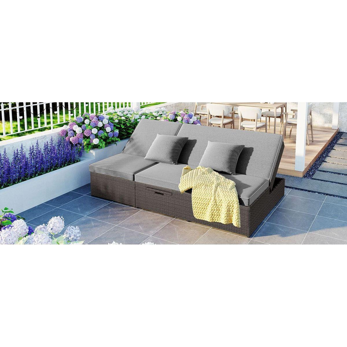 Outdoor Double Sunbed, Wicker Rattan Patio Reclining Chairs with Adjustable Backrest and Seat, Conversational Set for 2 Person, Gray