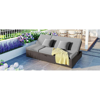 Outdoor Double Sunbed, Wicker Rattan Patio Reclining Chairs with Adjustable Backrest and Seat, Conversational Set for 2 Person, Gray