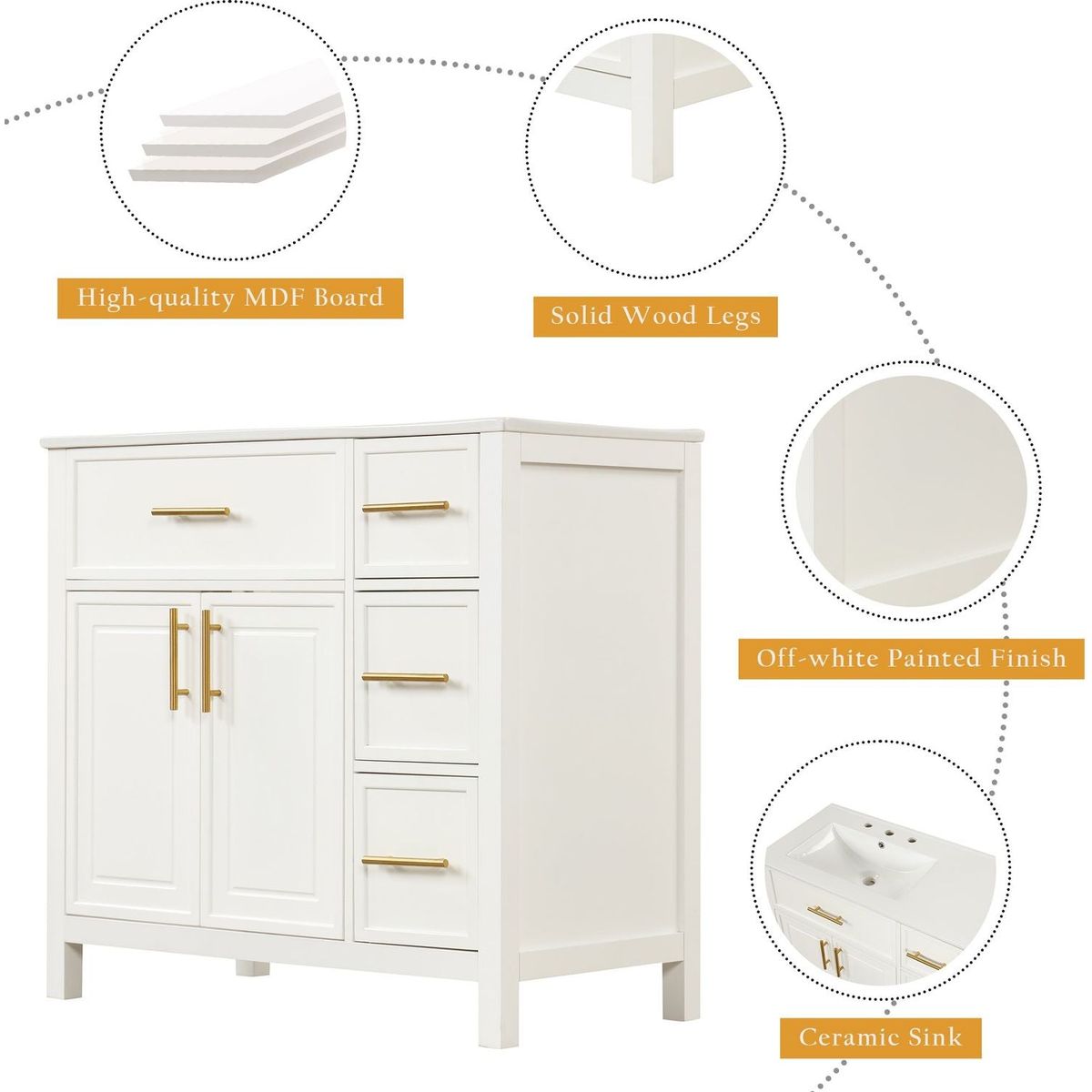 36" Bathroom Vanity with Sink Top, Bathroom Vanity Cabinet with Two Doors and Three Drawers, Solid Wood, MDF Boards, One Package, Off White