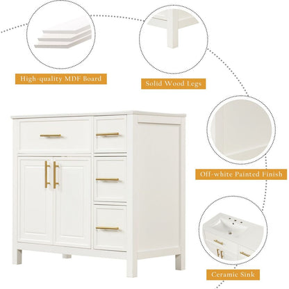 36" Bathroom Vanity with Sink Top, Bathroom Vanity Cabinet with Two Doors and Three Drawers, Solid Wood, MDF Boards, One Package, Off White