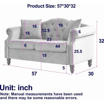 57" Chesterfield Sofa Black Velvet for Living Room, 2 Seater Sofa Tufted Couch with Rolled Arms and Nailhead for Living Room, Bedroom, Office, Apartment, two pillows