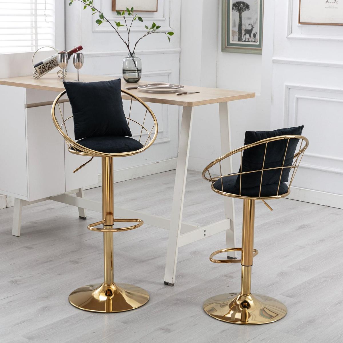 Black velvet bar chair, pure gold plated, unique design,360 degree rotation, adjustable height,Suitable for Dining room and bar,set of 2