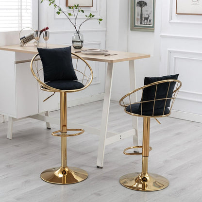 Black velvet bar chair, pure gold plated, unique design,360 degree rotation, adjustable height,Suitable for Dining room and bar,set of 2
