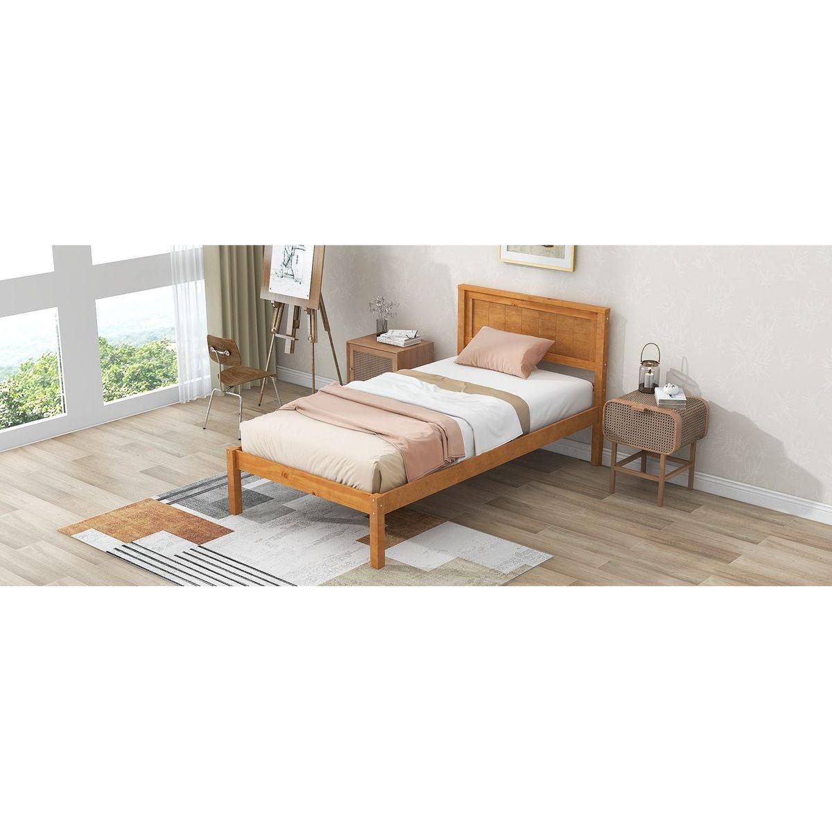 Platform Bed Frame with Headboard, Wood Slat Support, No Box Spring Needed, Twin,Oak