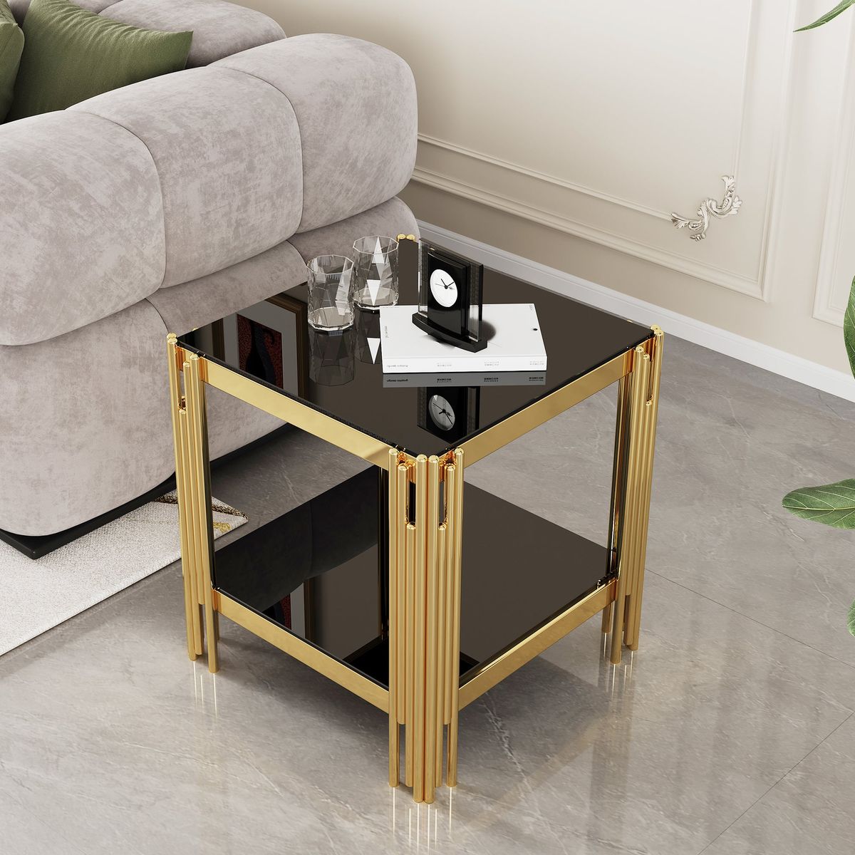 Top and Bottom Double Layer Tempered Glass End Table and Mirror Finished Stainless Steel Frame